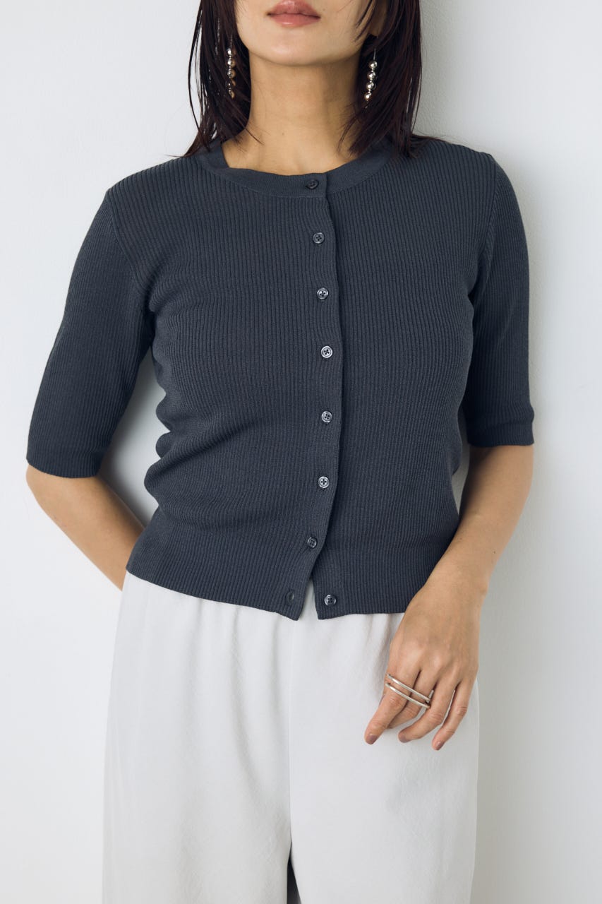 シアーリブ5分袖カーディガン L/BLK S