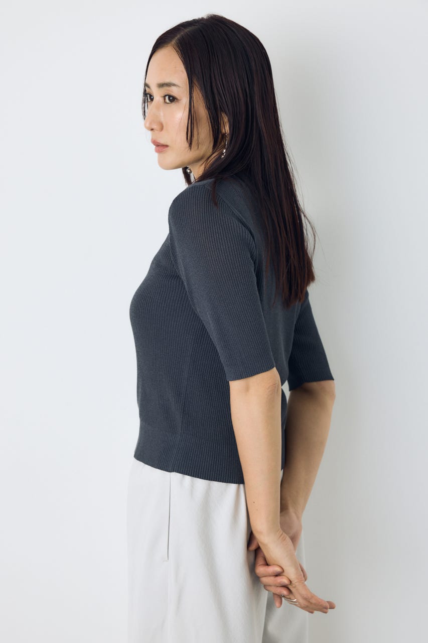 シアーリブ5分袖カーディガン L/BLK S