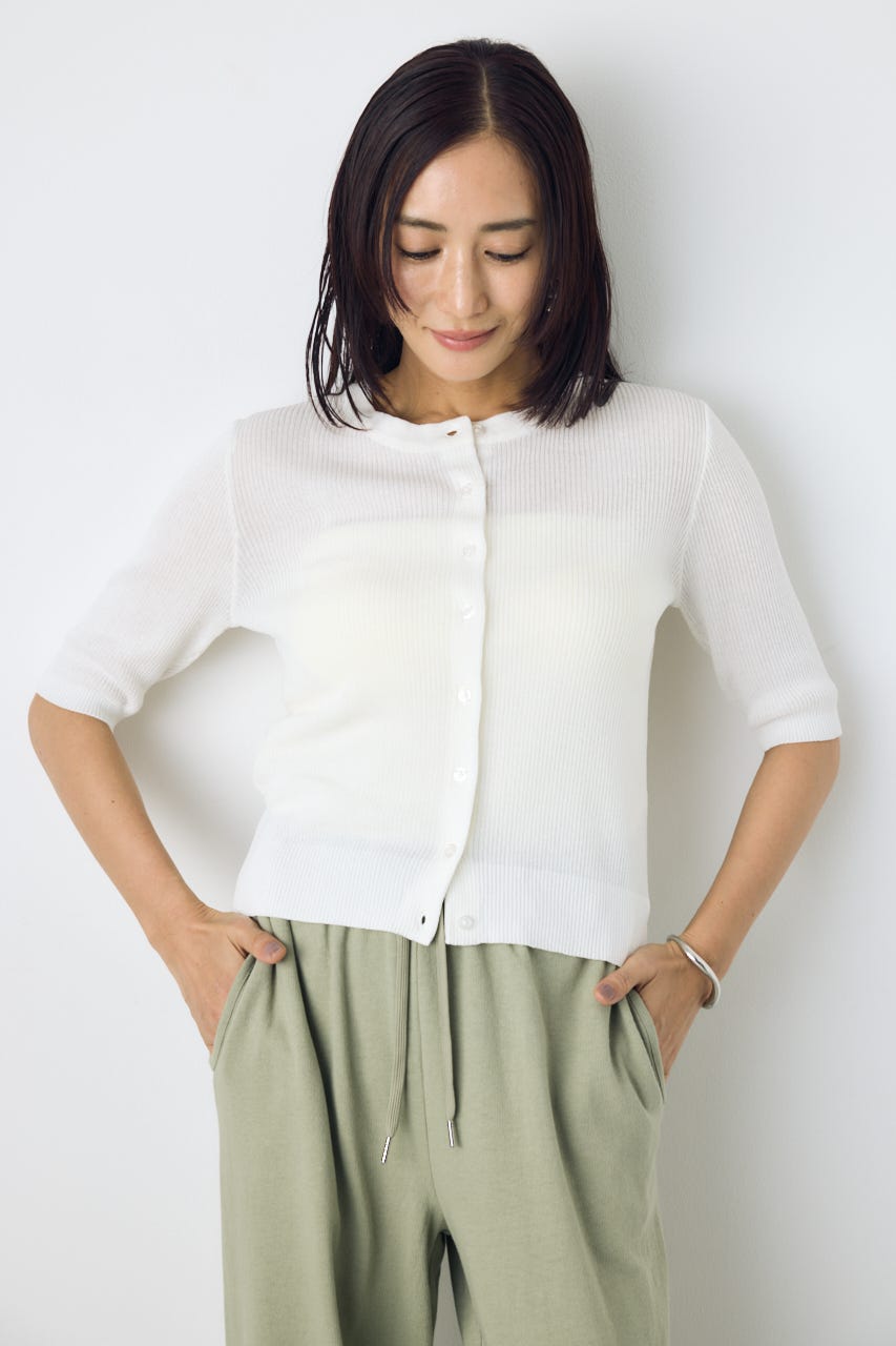 シアーリブ5分袖カーディガン O/WHT M