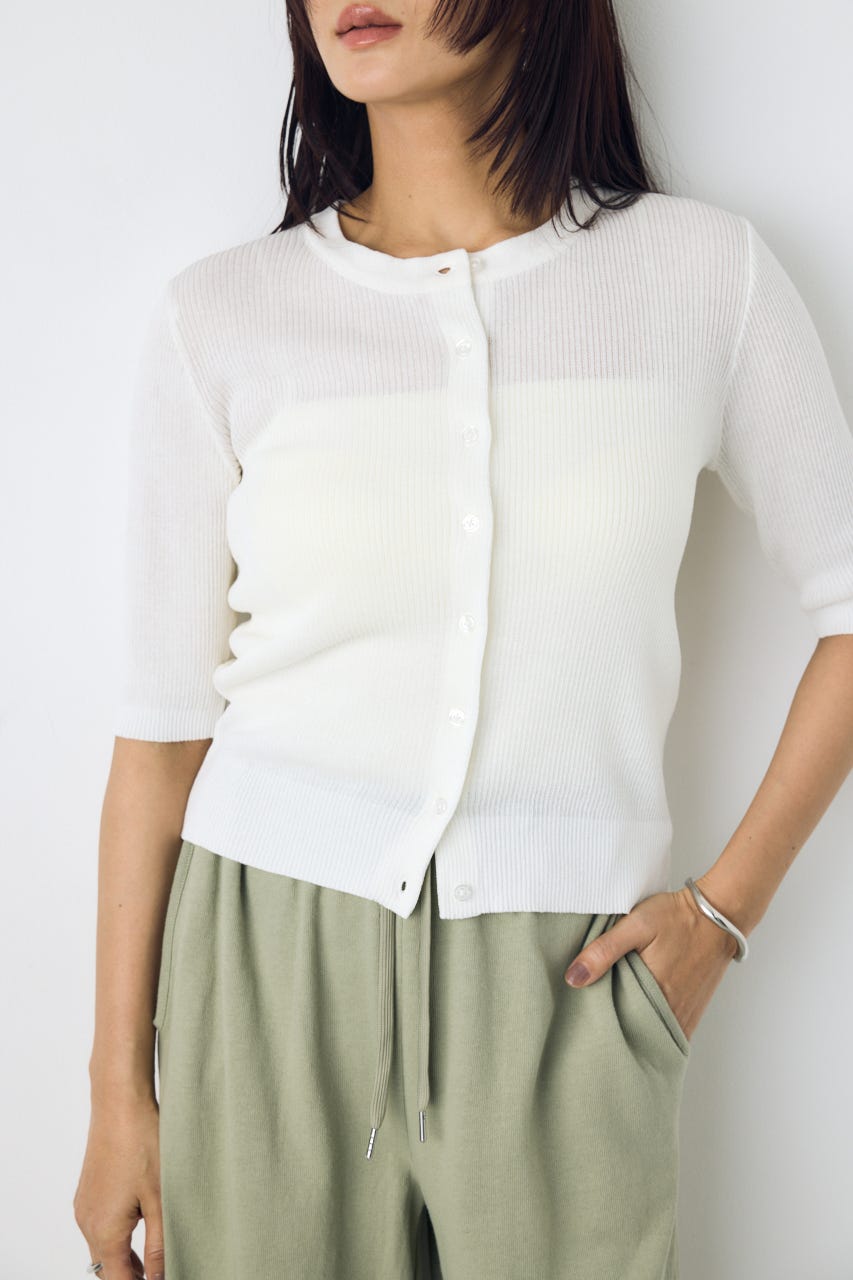 シアーリブ5分袖カーディガン O/WHT M