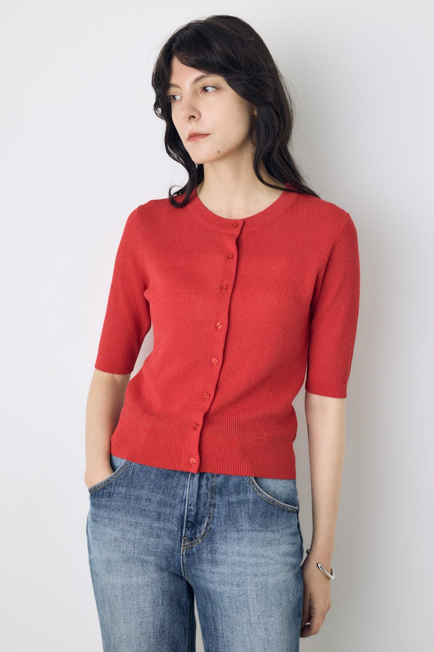 シアーリブ5分袖カーディガン RED M
