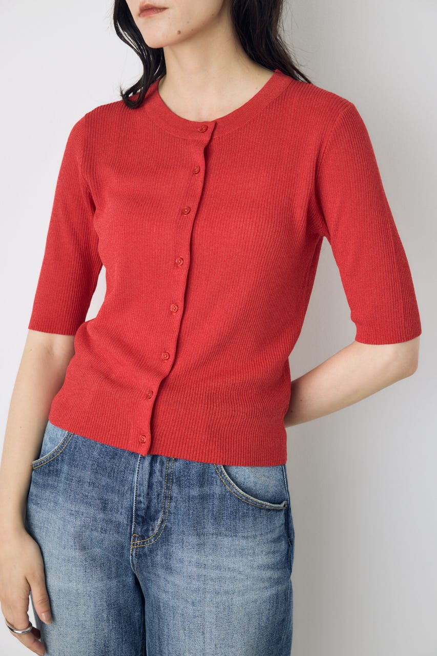 シアーリブ5分袖カーディガン RED M