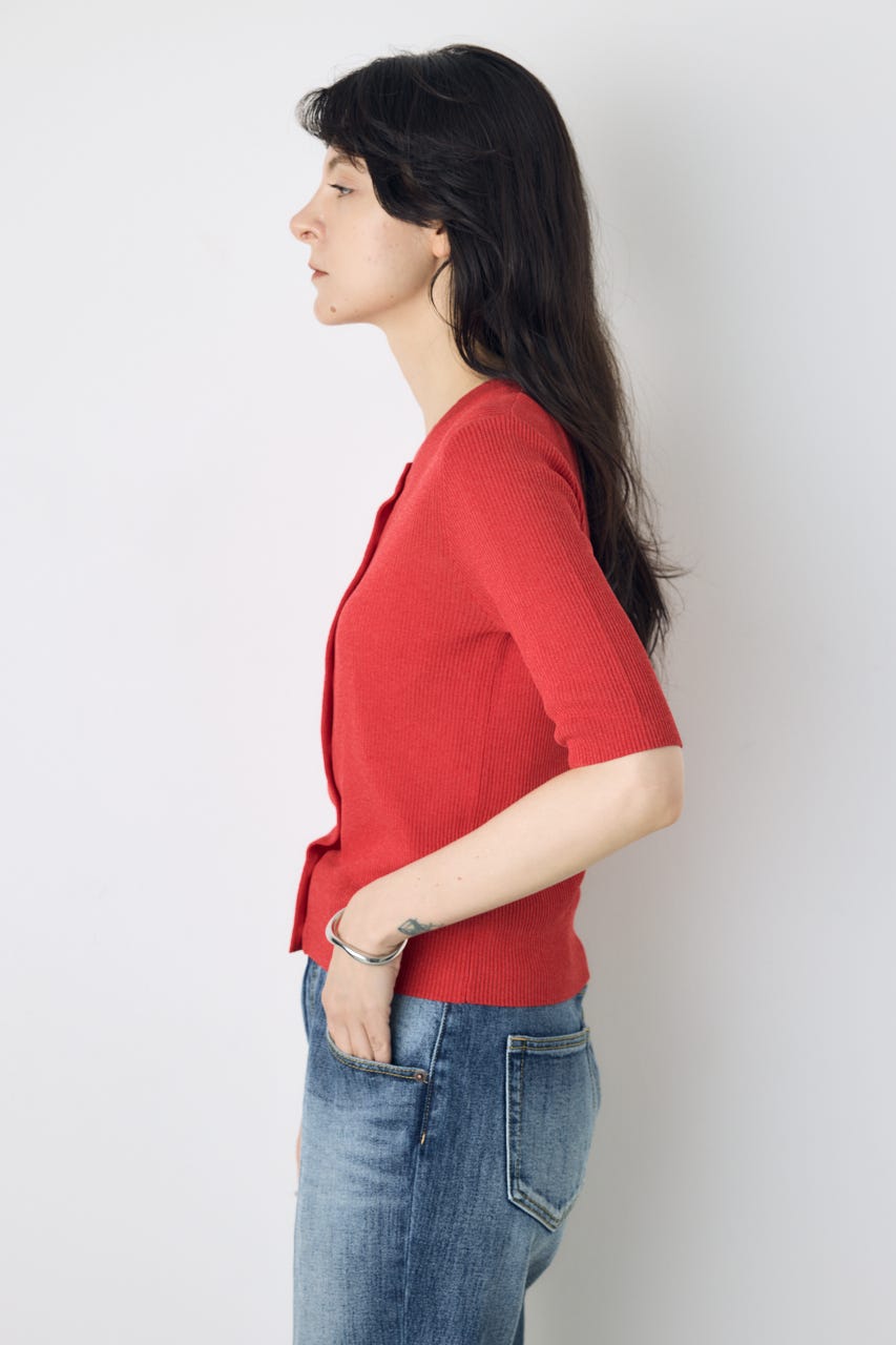 シアーリブ5分袖カーディガン RED M