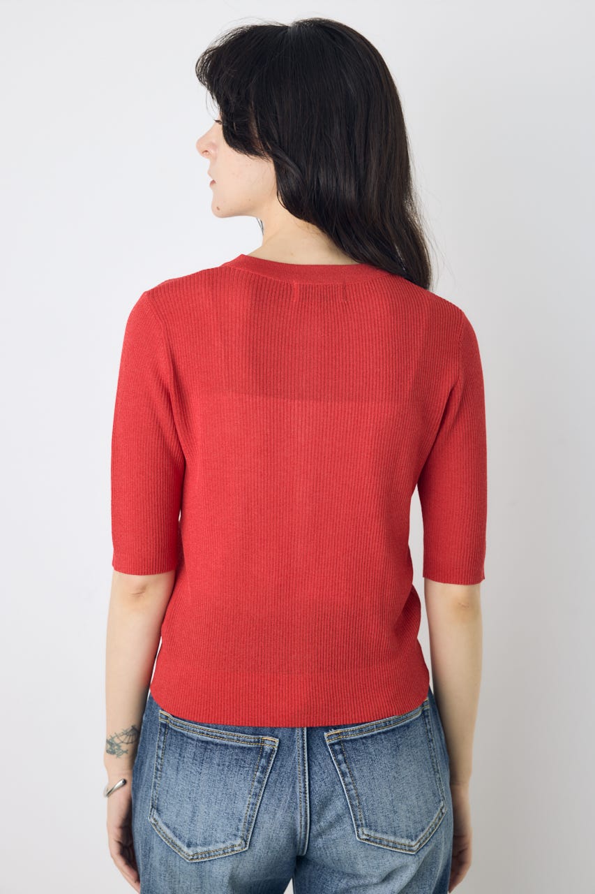 シアーリブ5分袖カーディガン RED M