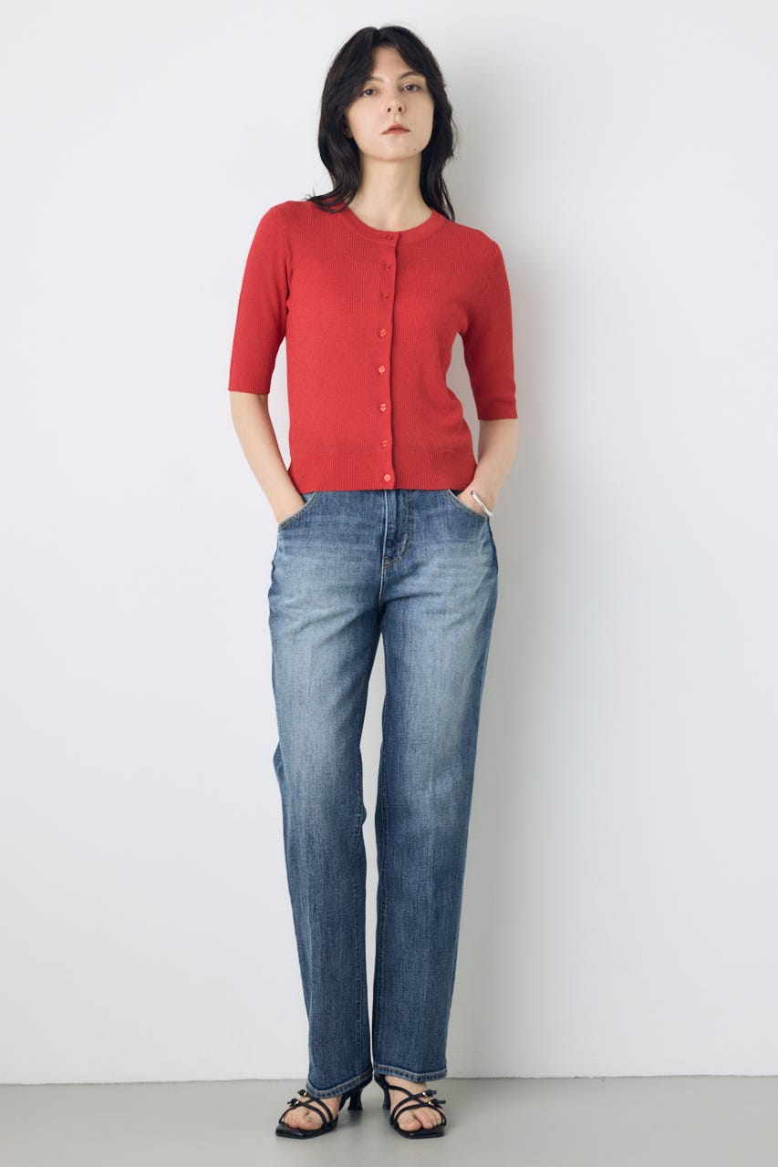 シアーリブ5分袖カーディガン RED M