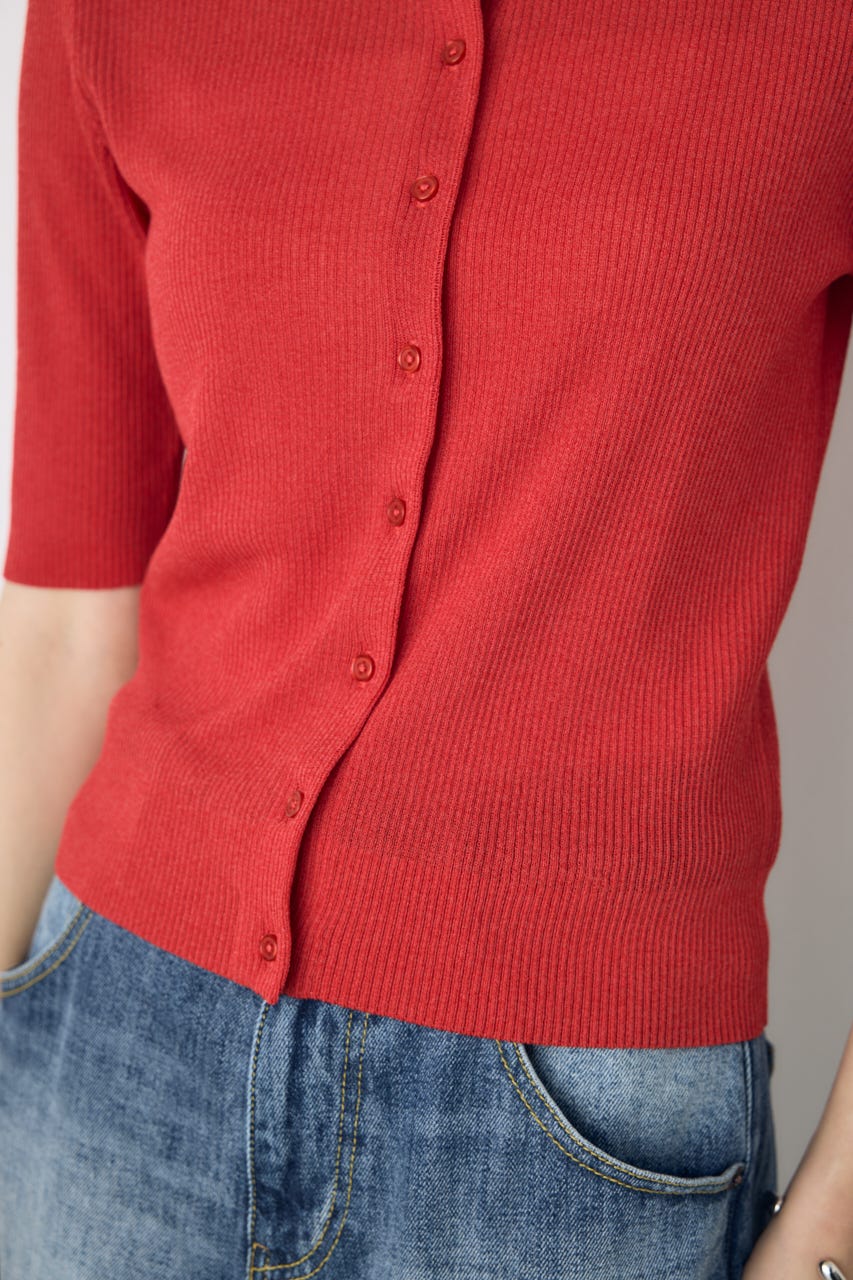 シアーリブ5分袖カーディガン RED M