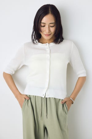 シアーリブ5分袖カーディガン