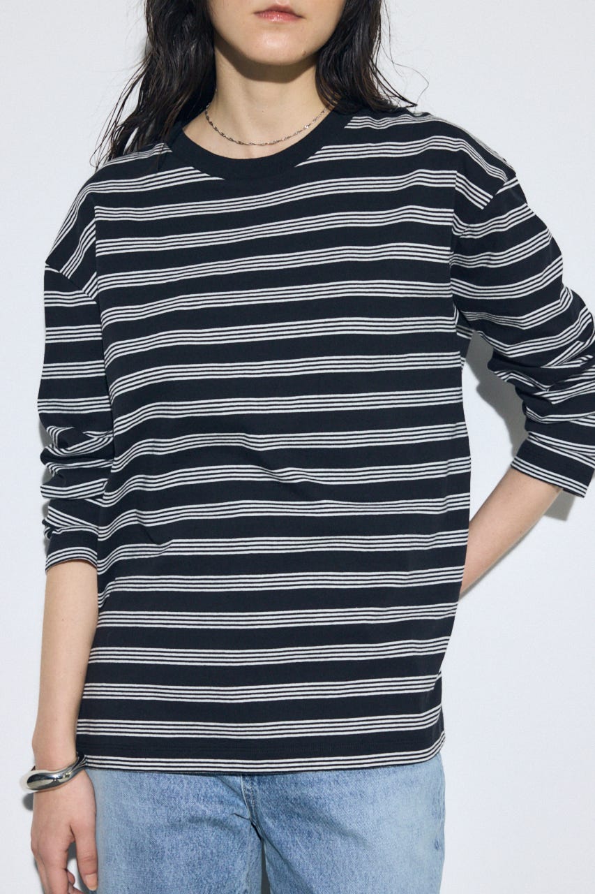 マルチボーダー長袖トップス 柄BLK FREE