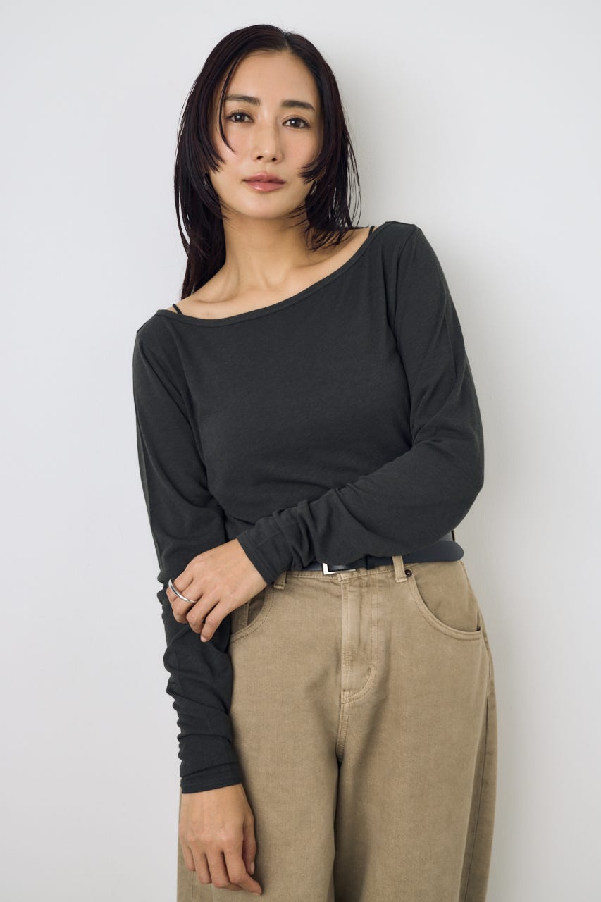 シアーカットオフショルトップス L/BLK S