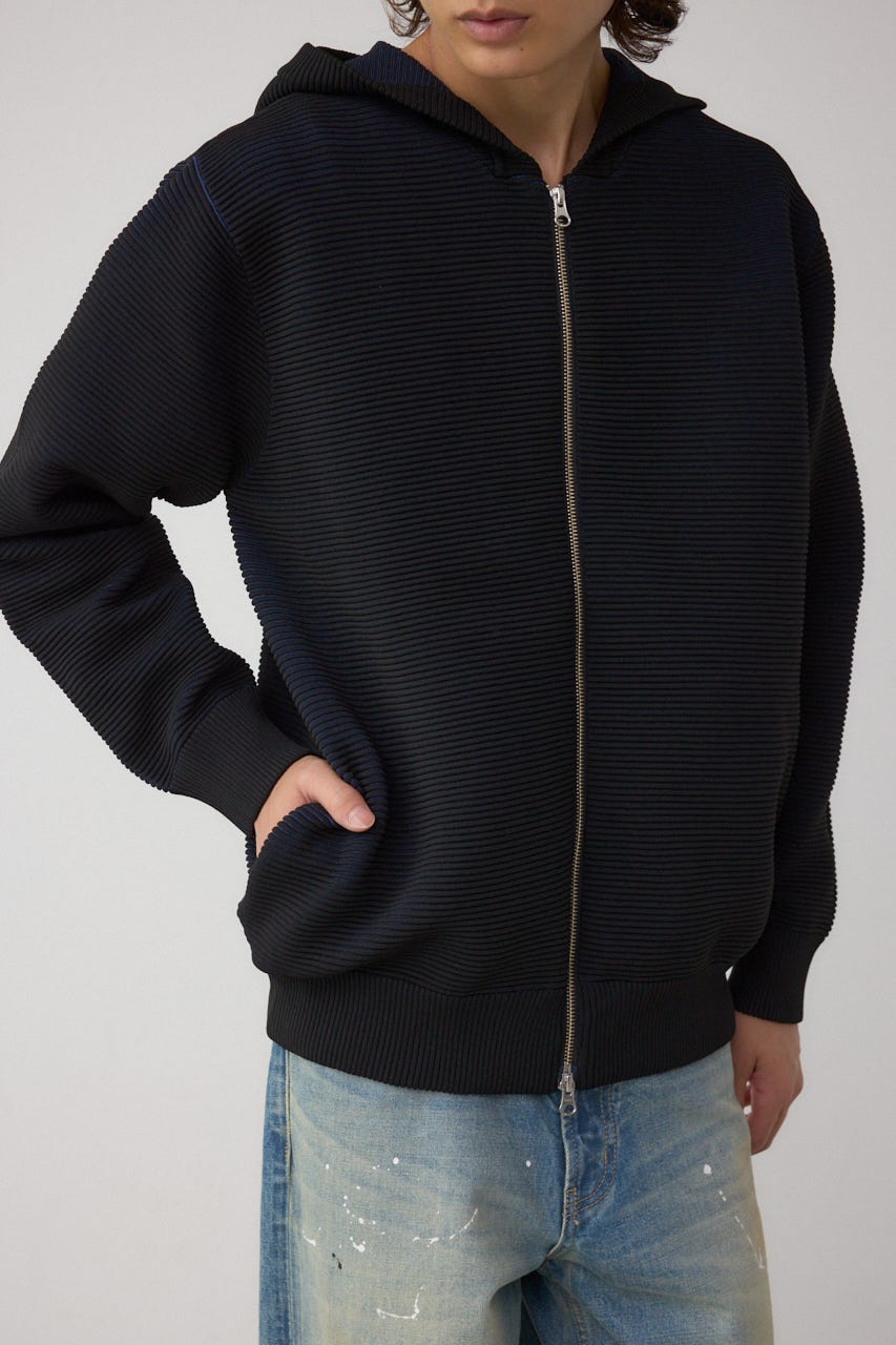 ミックスカラーリップル編みニットパーカー BLK L
