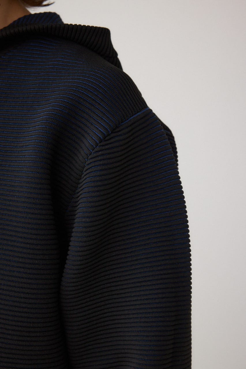 ミックスカラーリップル編みニットパーカー BLK L