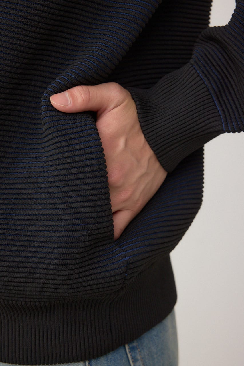 ミックスカラーリップル編みニットパーカー BLK L