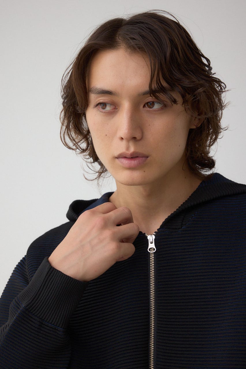 ミックスカラーリップル編みニットパーカー BLK L