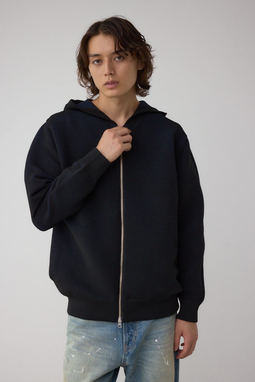 ミックスカラーリップル編みニットパーカー BLK L