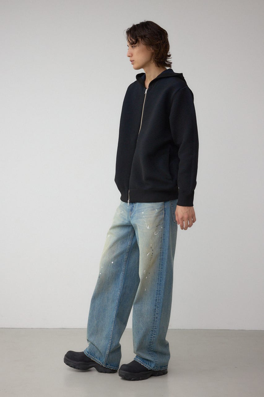 ミックスカラーリップル編みニットパーカー BLK L