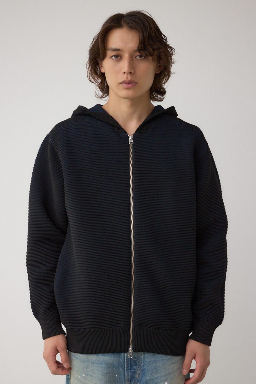 ミックスカラーリップル編みニットパーカー BLK L