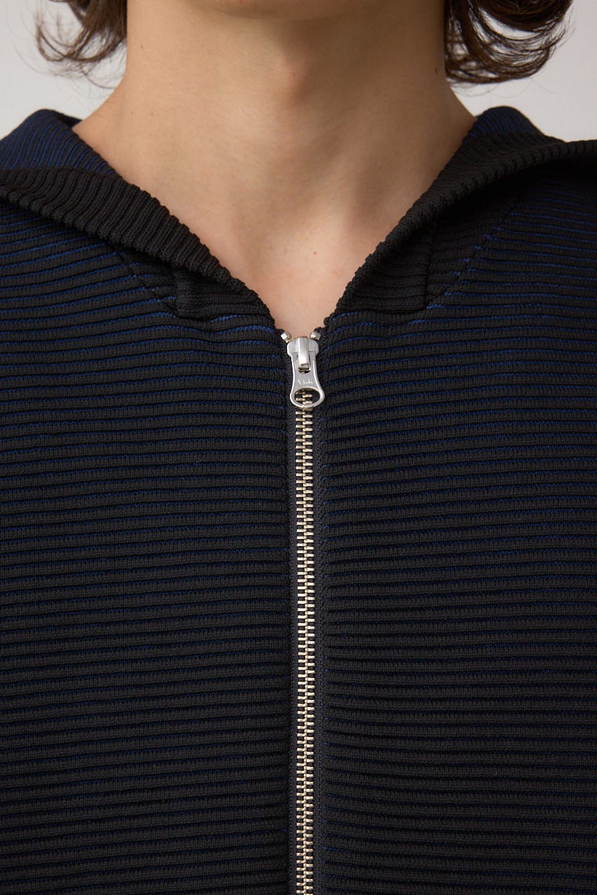 ミックスカラーリップル編みニットパーカー BLK L