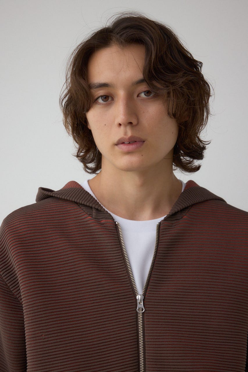 ミックスカラーリップル編みニットパーカー BRN M