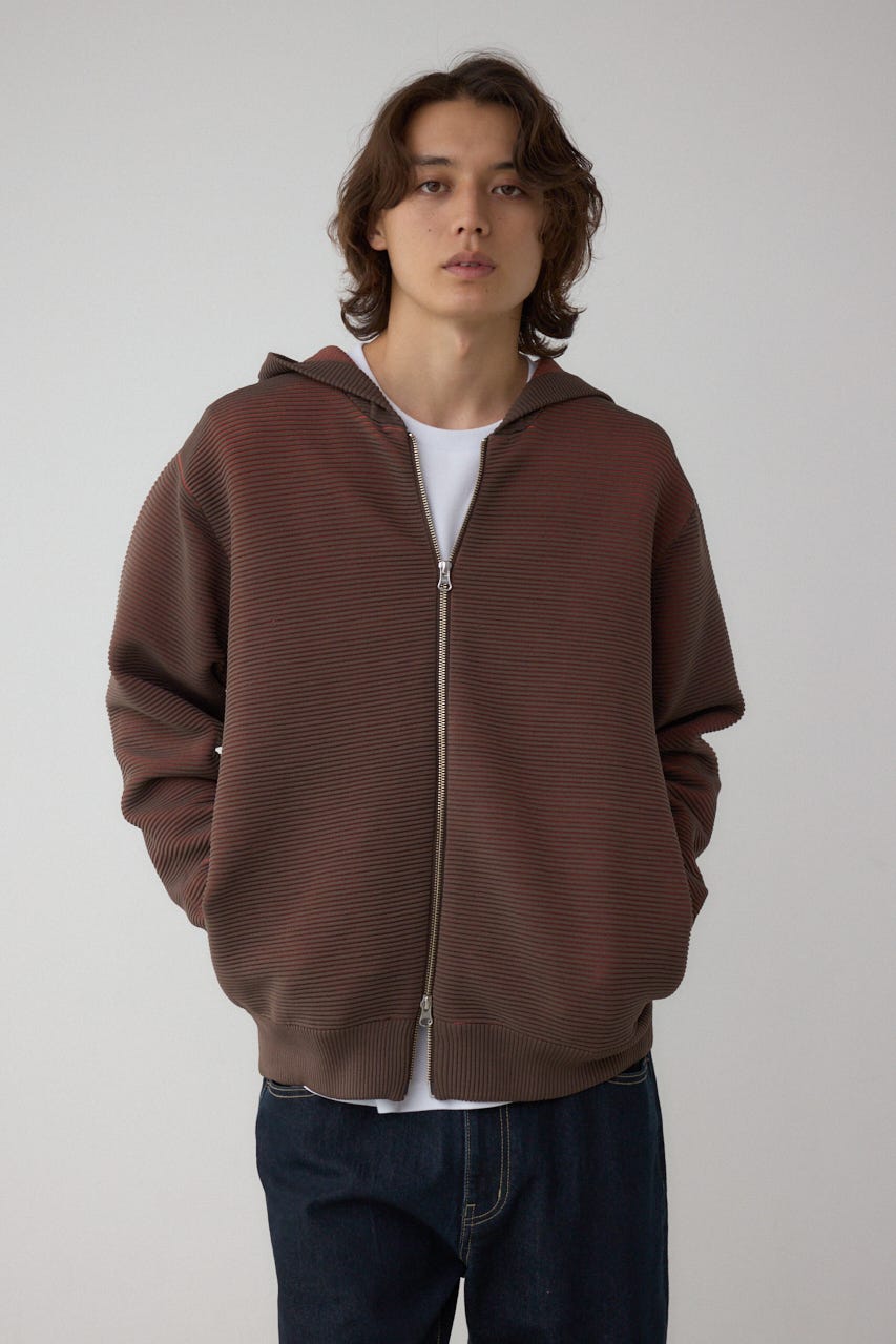 ミックスカラーリップル編みニットパーカー BRN M