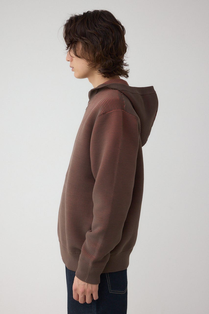 ミックスカラーリップル編みニットパーカー BRN M