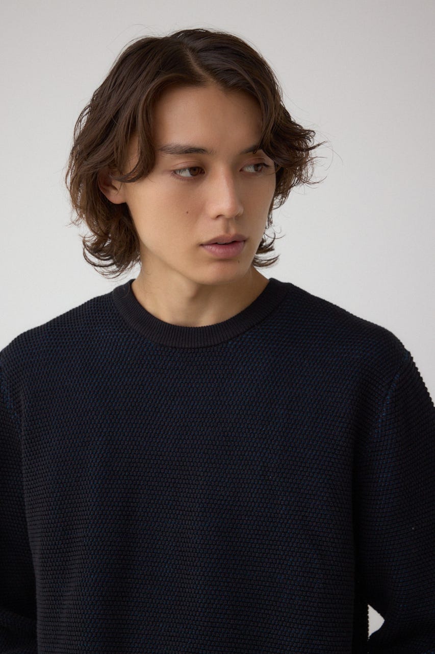 ハニカムクルーネックニット BLK M