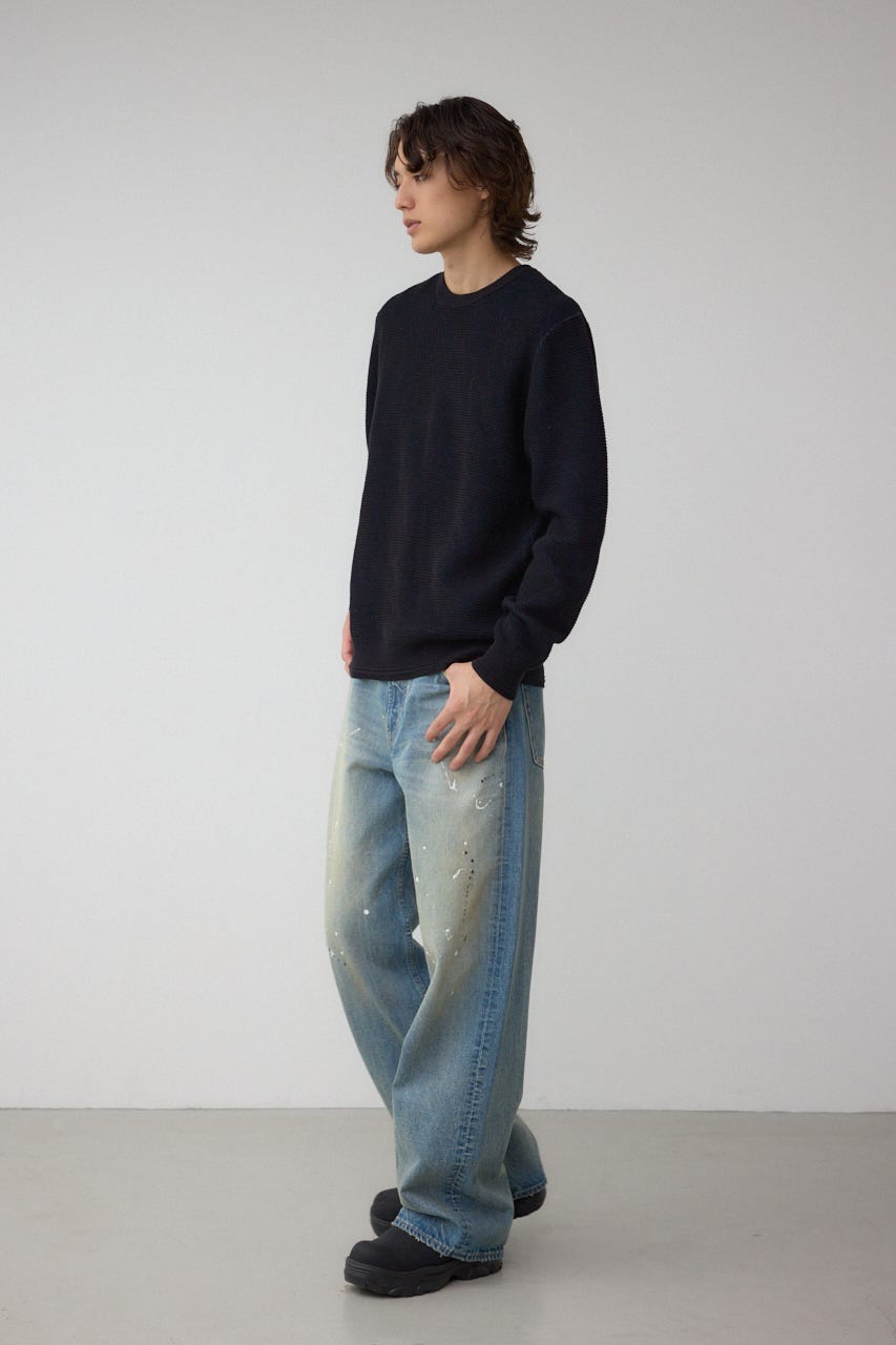 ハニカムクルーネックニット BLK M