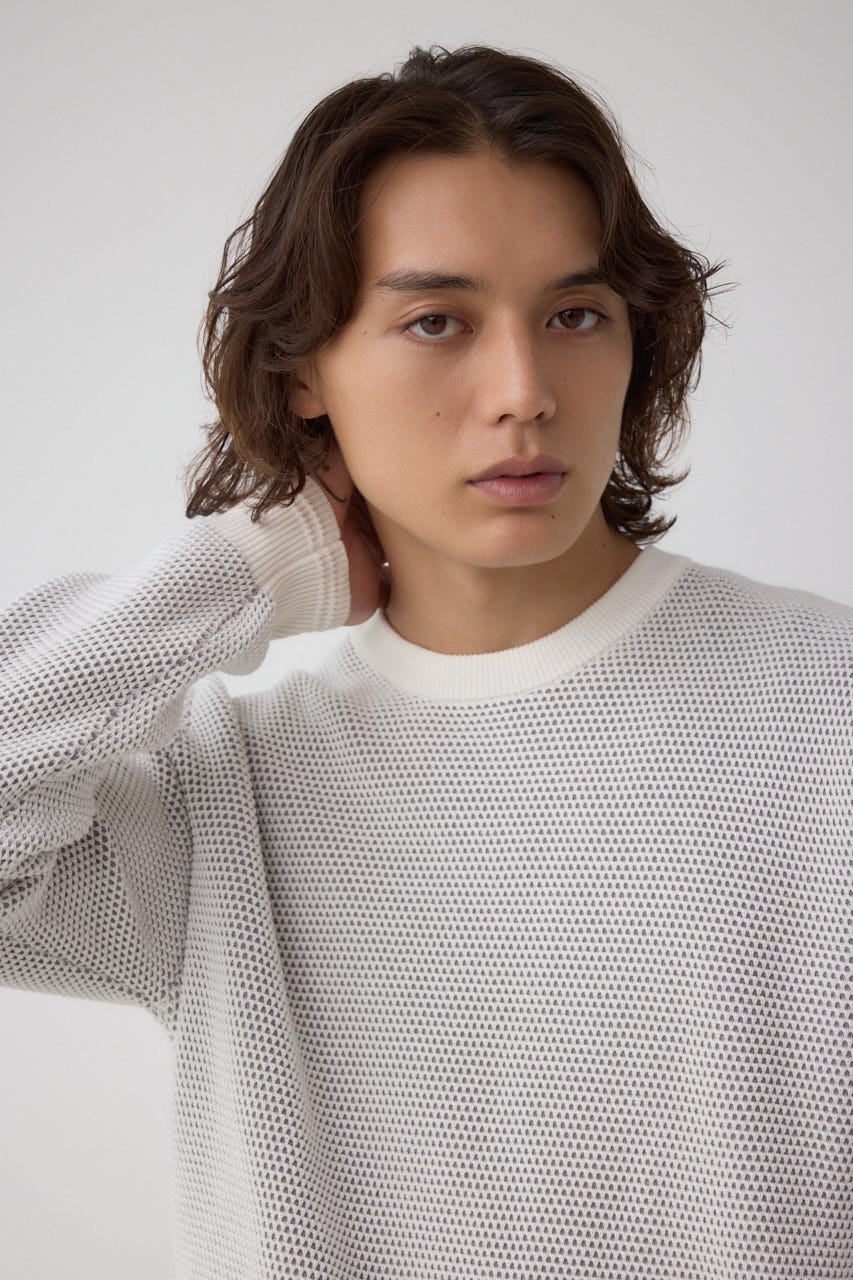 ハニカムクルーネックニット O/WHT M