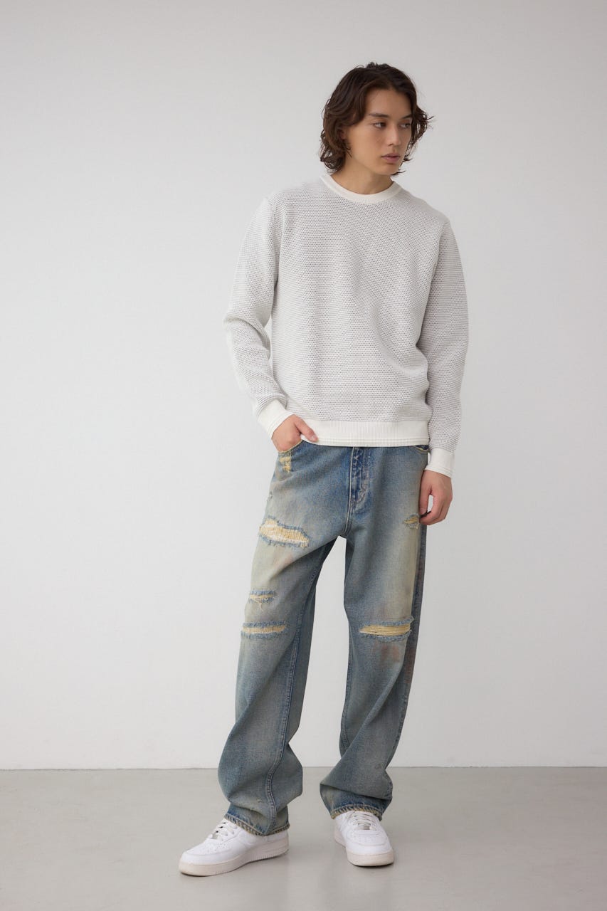 ハニカムクルーネックニット O/WHT M