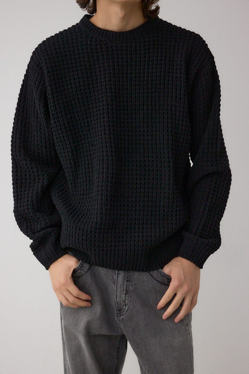 ワッフル編みマットモールニット BLK M
