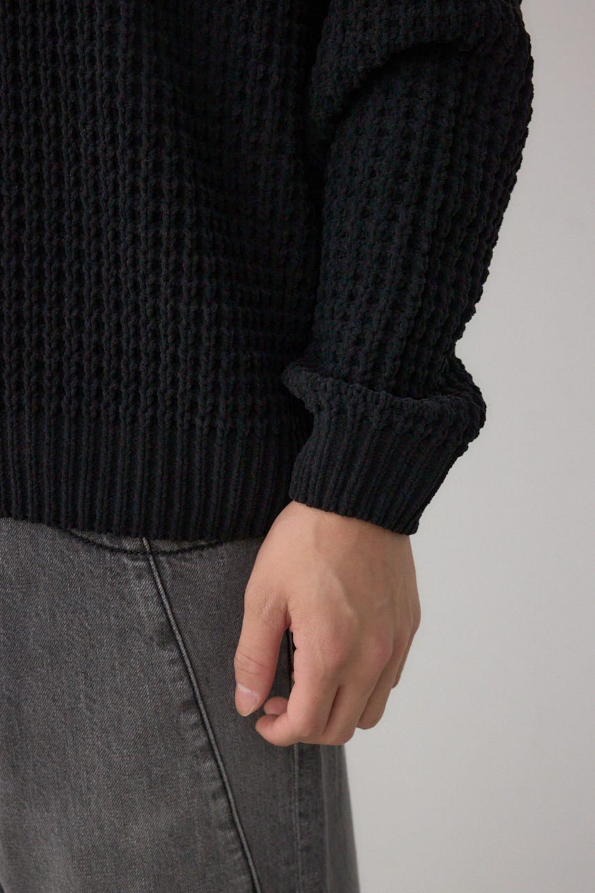 ワッフル編みマットモールニット BLK M