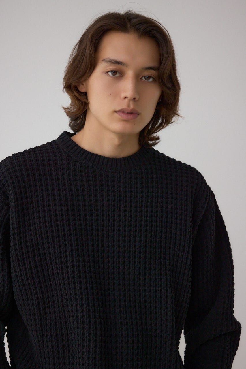 ワッフル編みマットモールニット BLK M