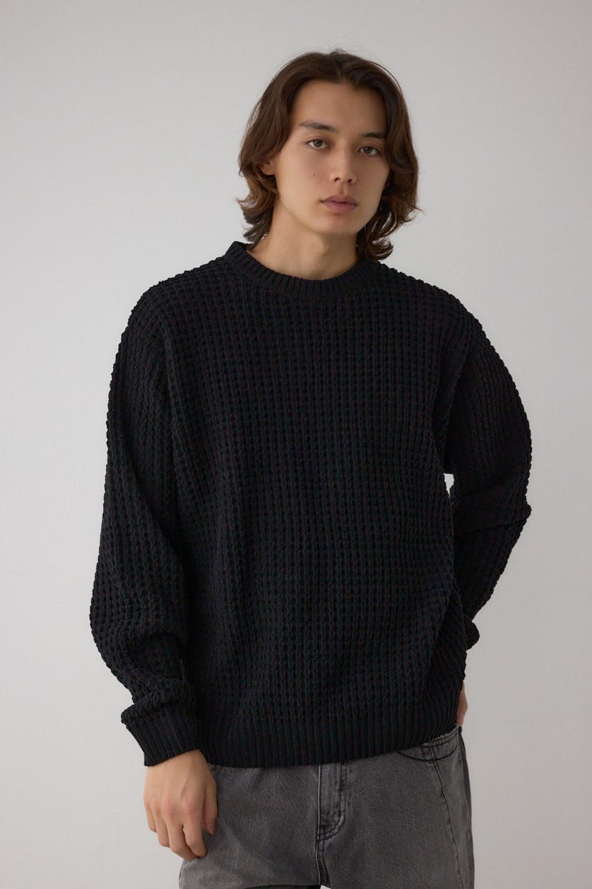 ワッフル編みマットモールニット BLK M