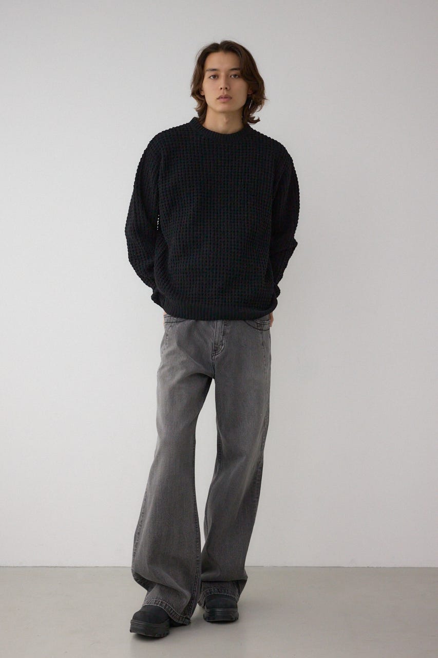 ワッフル編みマットモールニット BLK M