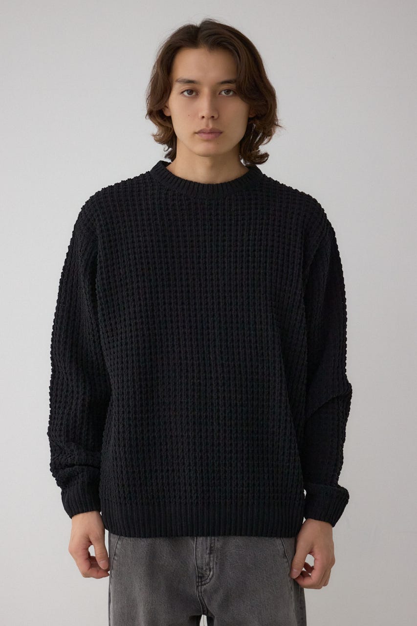 ワッフル編みマットモールニット BLK M