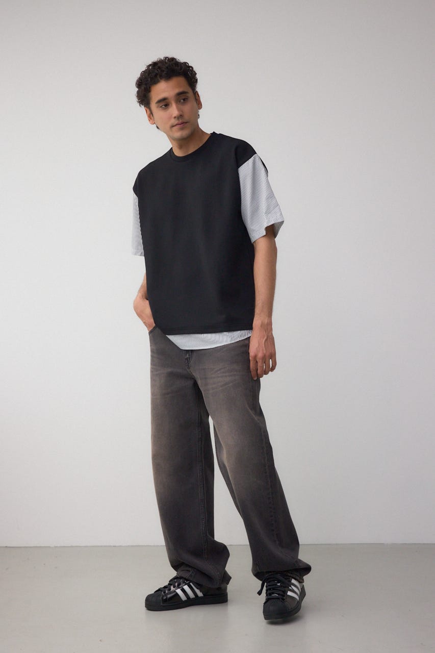 シャツスウィッチングプルオーバー 柄BLK L