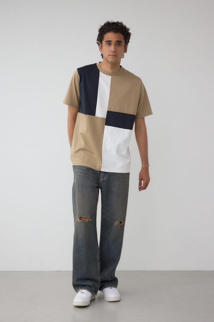 パネルスウィッチングTシャツ 柄BEG L