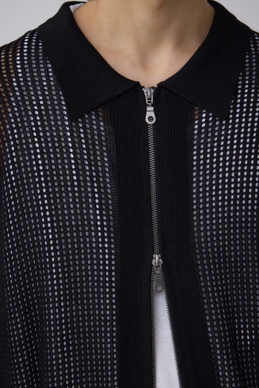 ポロ襟ジップニットトップス BLK M