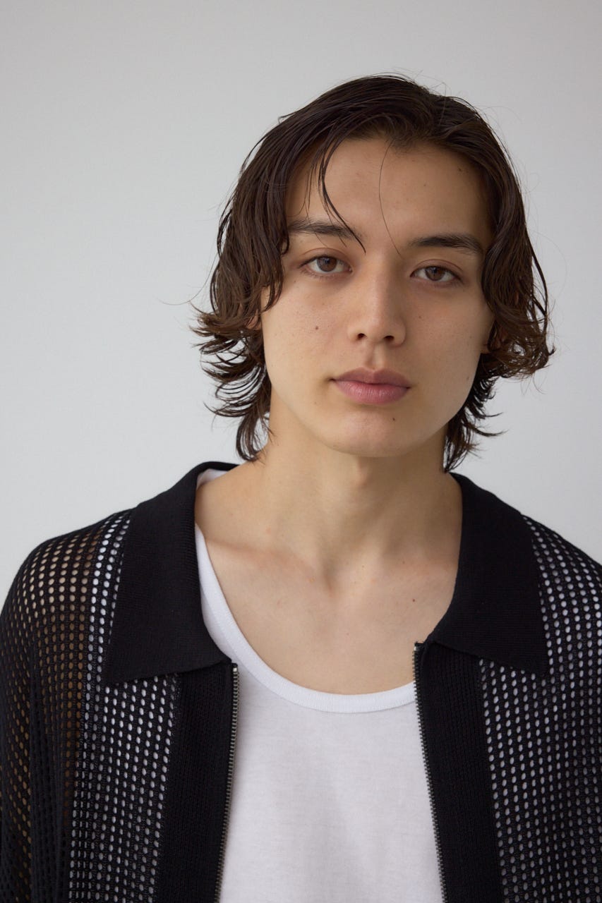 ポロ襟ジップニットトップス BLK M