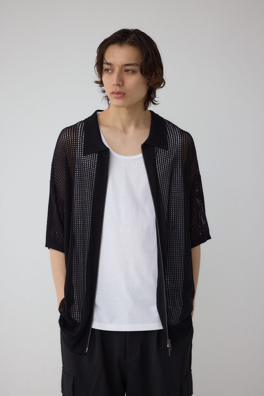 ポロ襟ジップニットトップス BLK M