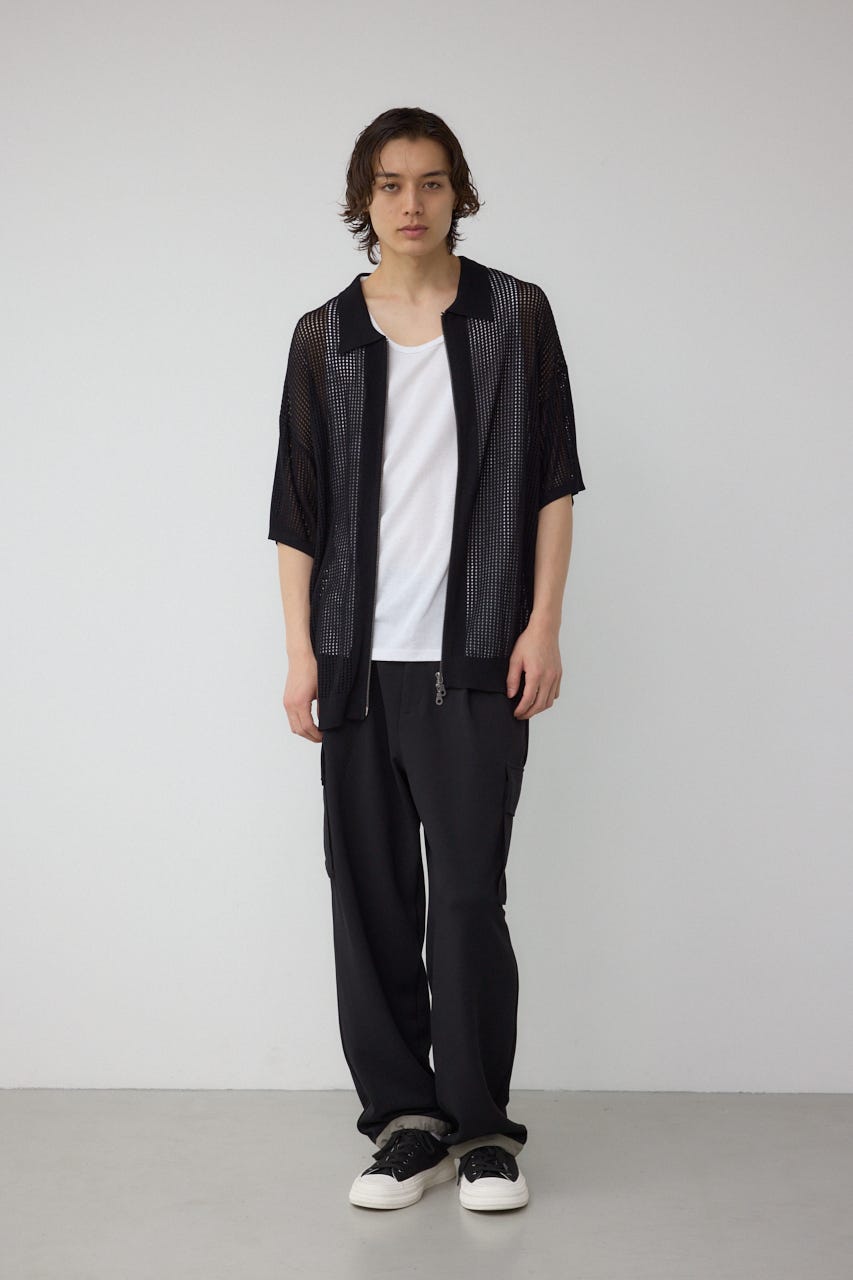 ポロ襟ジップニットトップス BLK M