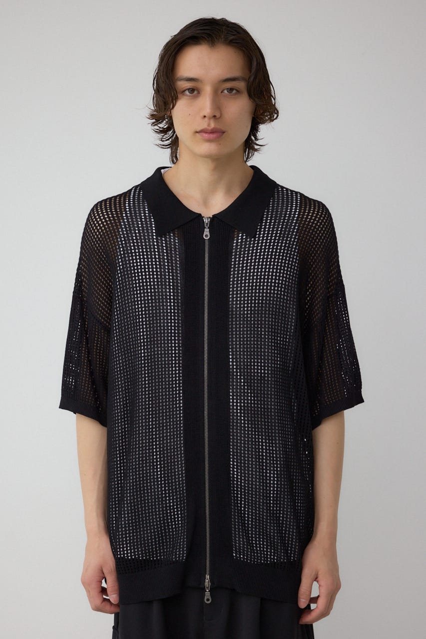 ポロ襟ジップニットトップス BLK M