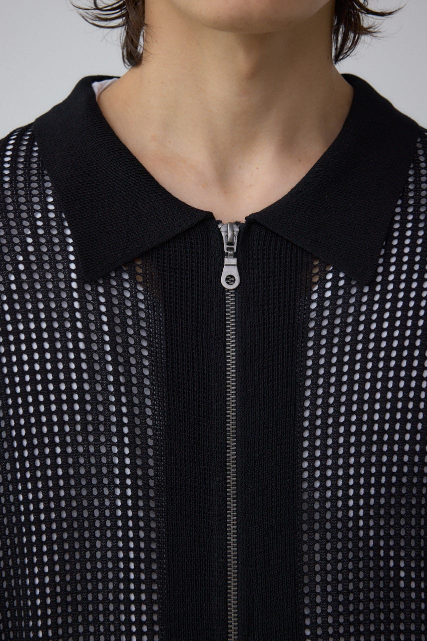 ポロ襟ジップニットトップス BLK M