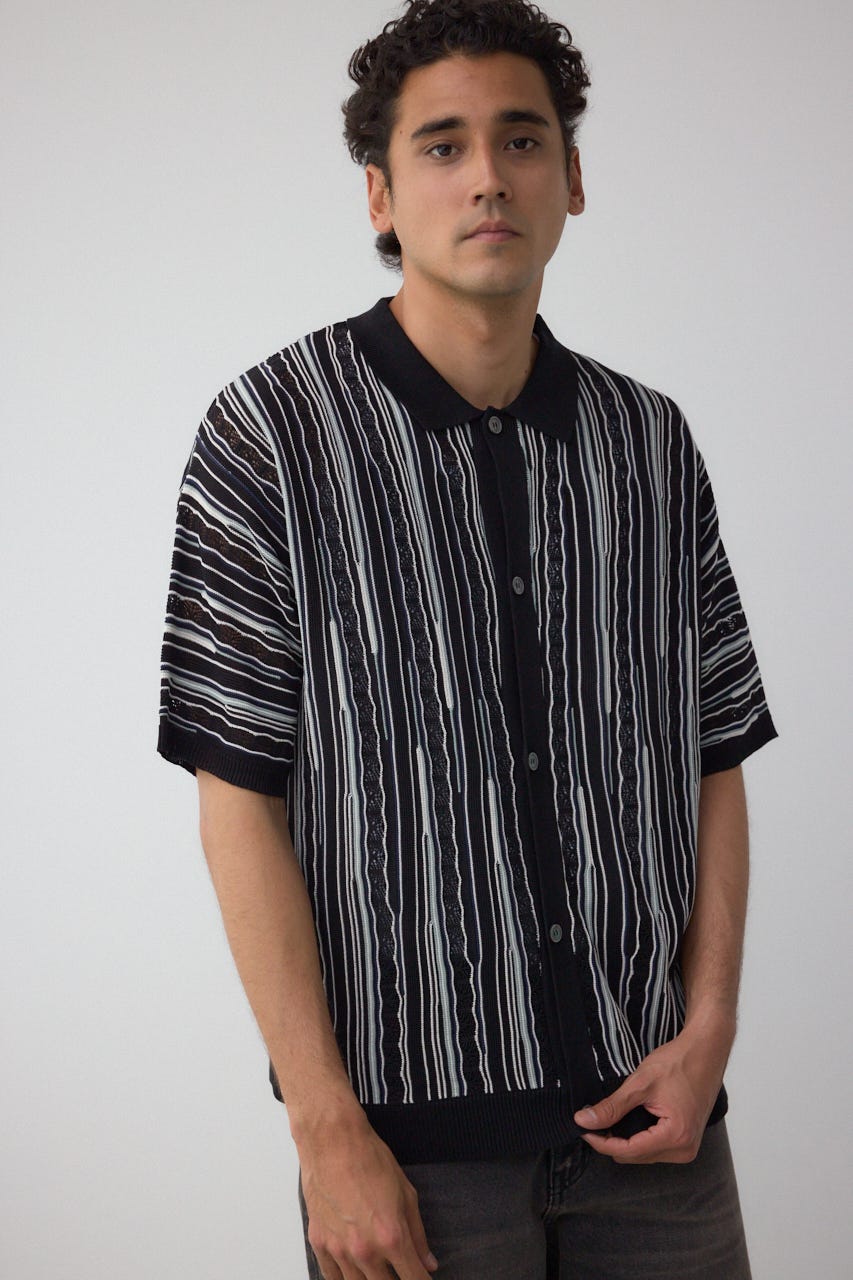 ポロ襟クージーニットトップス 柄BLK M