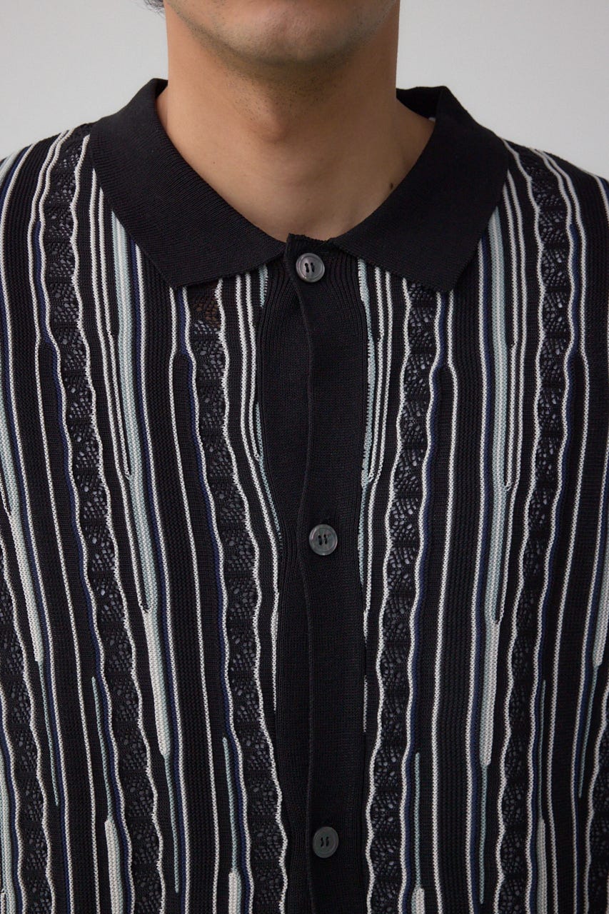 ポロ襟クージーニットトップス 柄BLK M