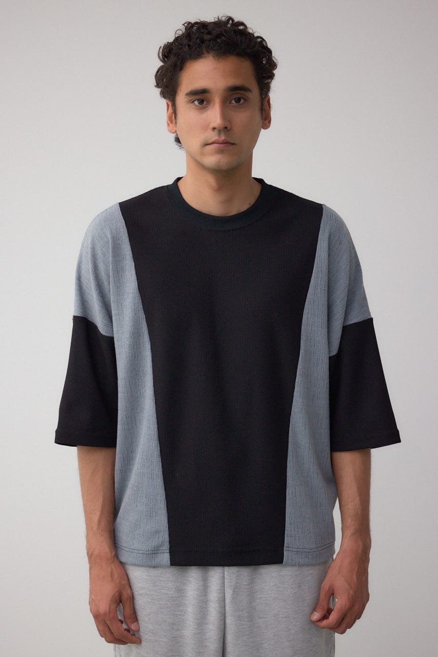 異素材スウィッチングトップス 柄BLK L