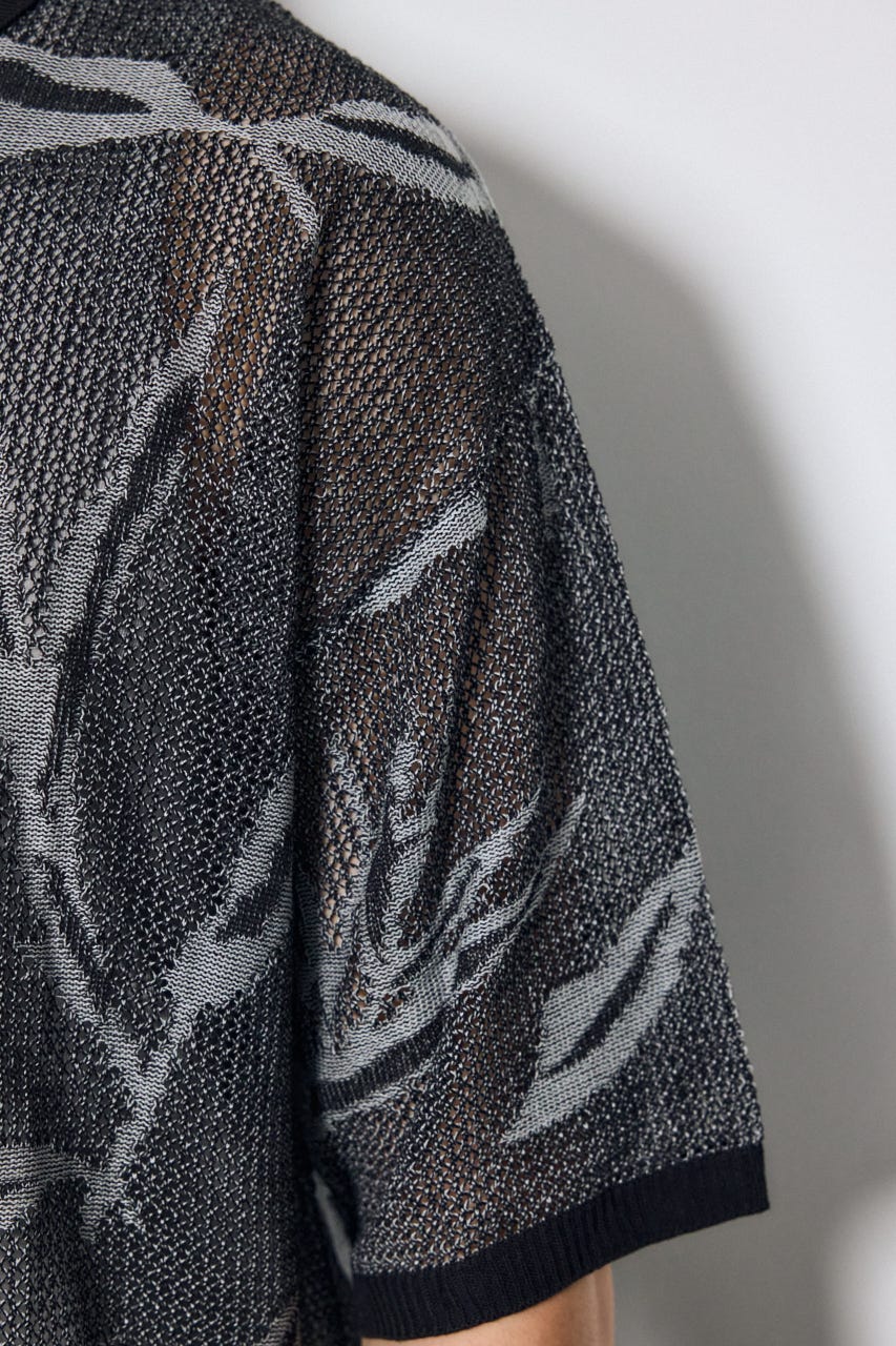 花柄メッシュニット半袖シャツ BLK M