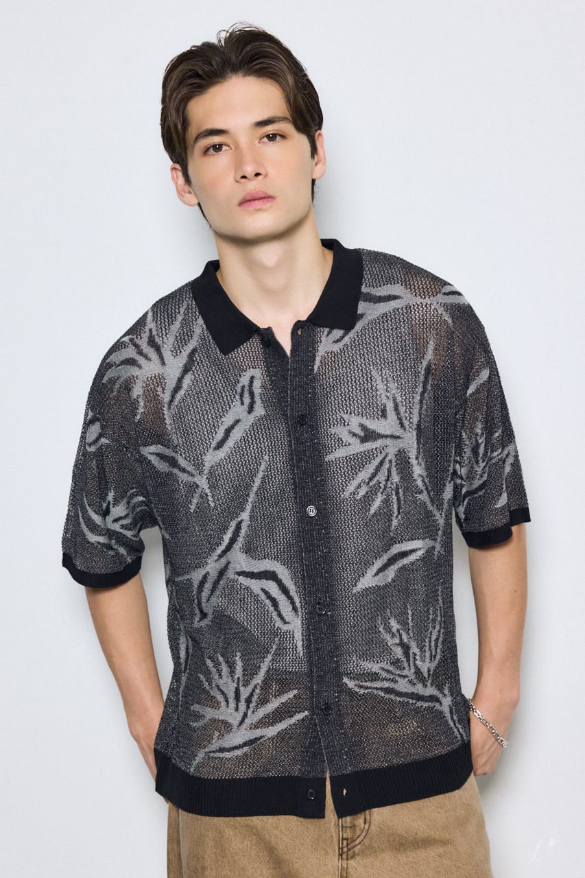 花柄メッシュニット半袖シャツ BLK M