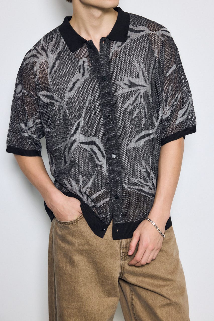 花柄メッシュニット半袖シャツ BLK M