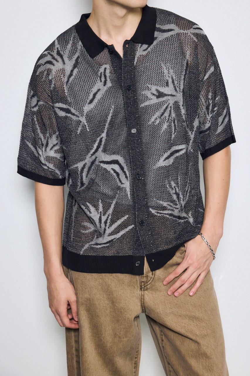 花柄メッシュニット半袖シャツ BLK M