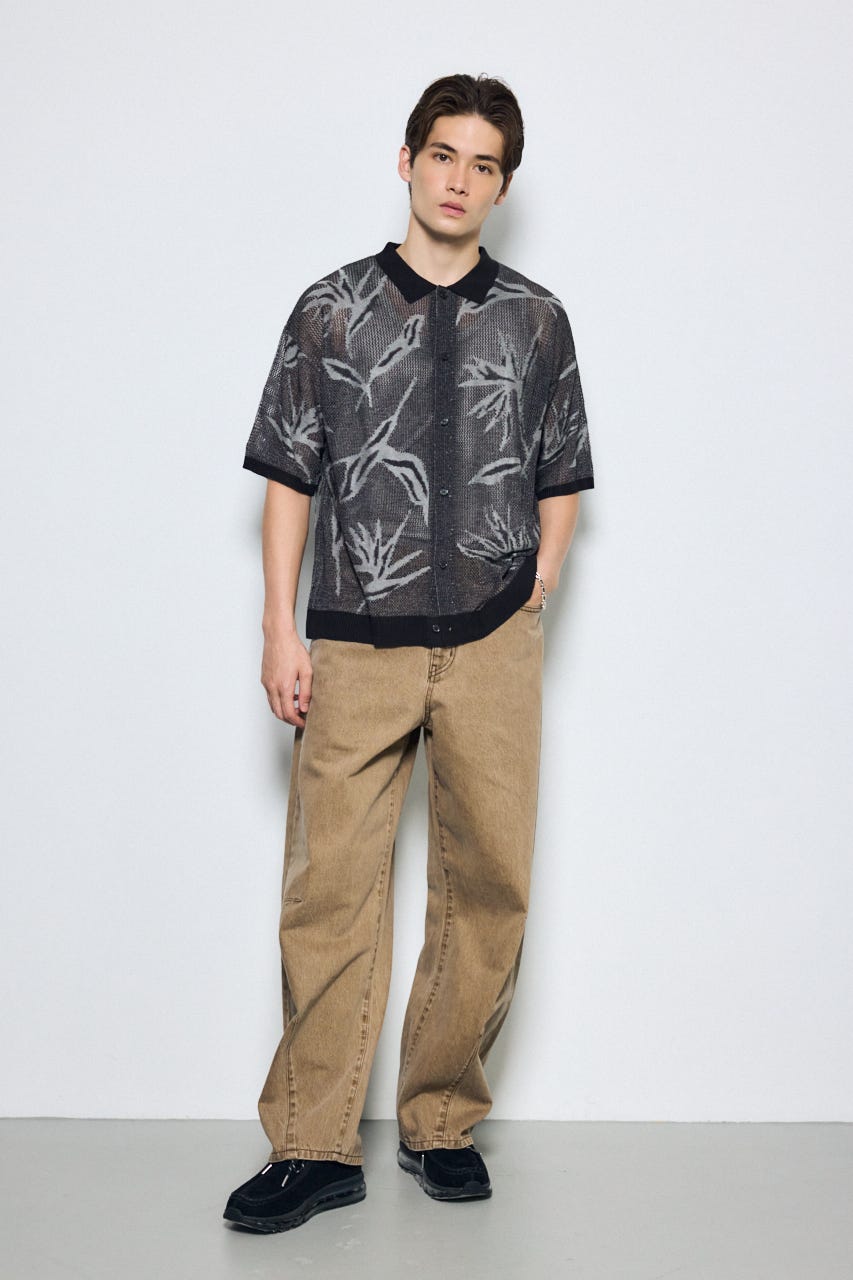 花柄メッシュニット半袖シャツ BLK M